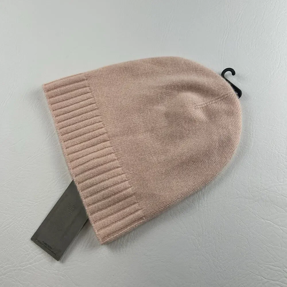 Nordstrom Rack 100% Cashmere Beanie Pink Ribbed Cuff Knit Winter Hat NWT